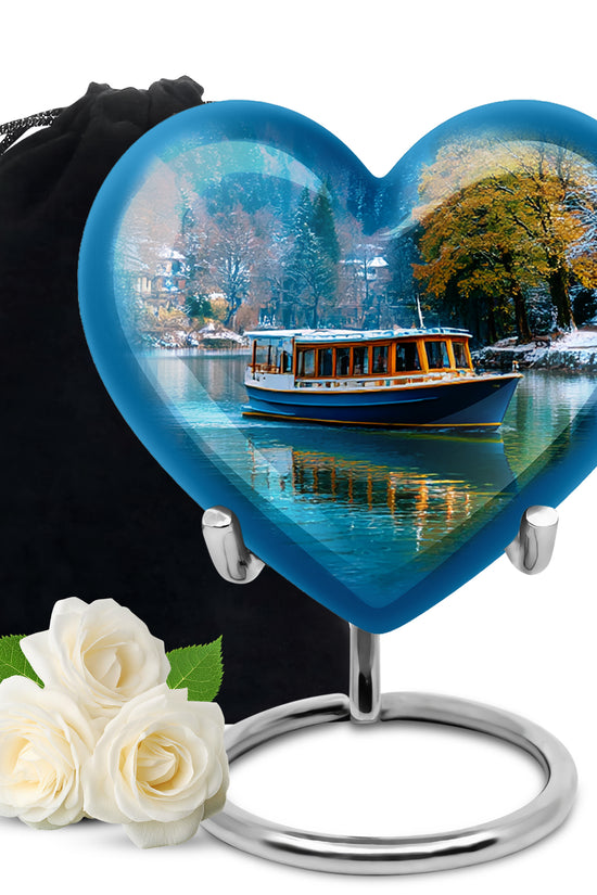 Navy Blue Boat Cremation Urn detail view - loving heart memorial featuring boat pattern - full-size 10 inch 200 cubic inch adult cremation urn