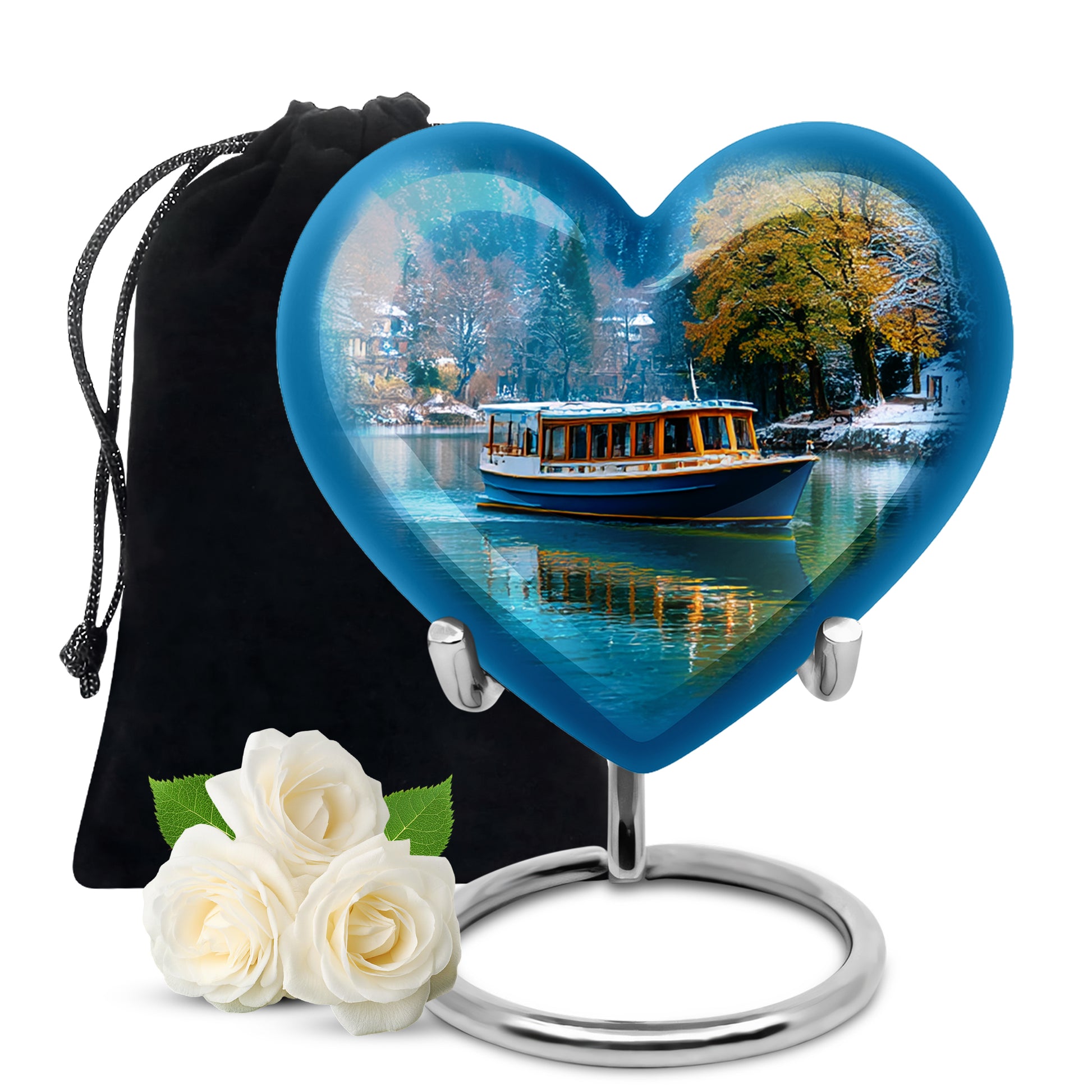 Navy Blue Boat Cremation Urn detail view - loving heart memorial featuring boat pattern - full-size 10 inch 200 cubic inch adult cremation urn