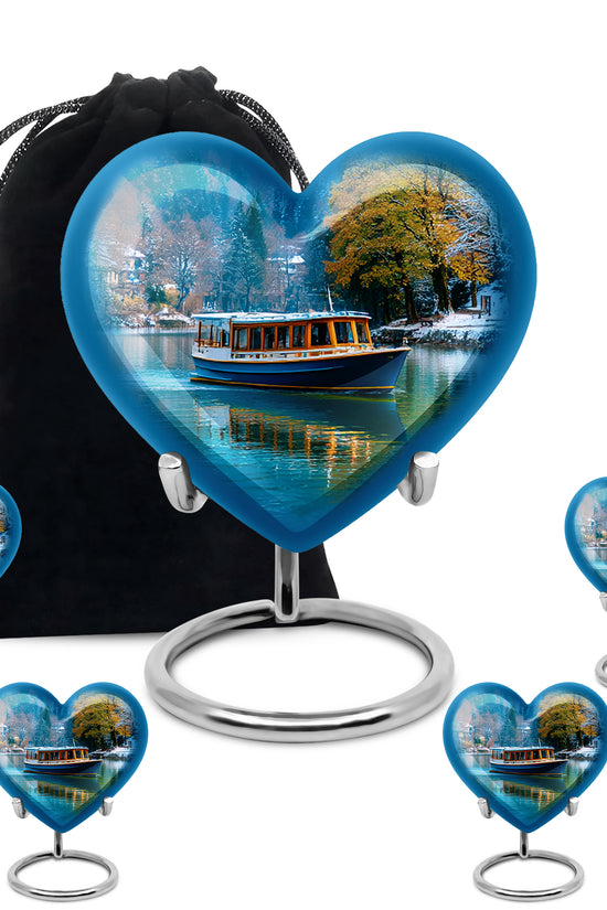 Sky Blue Boat Cremation Urn close-up of engraving and surface detail - loving heart memorial featuring boat pattern - memorial set with one large and four small urns