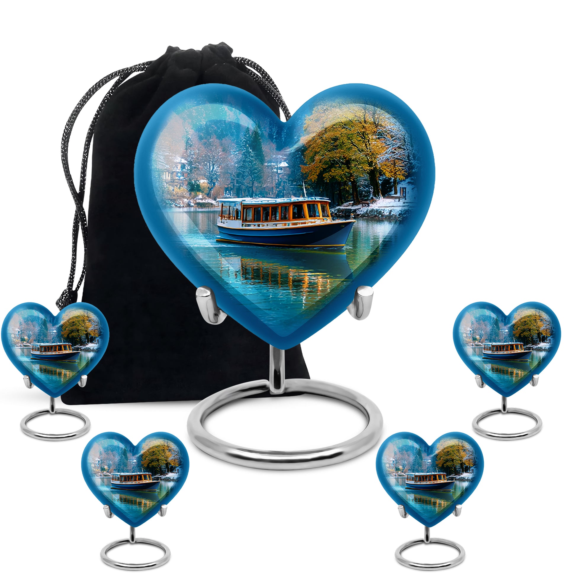 Sky Blue Boat Cremation Urn close-up of engraving and surface detail - loving heart memorial featuring boat pattern - memorial set with one large and four small urns
