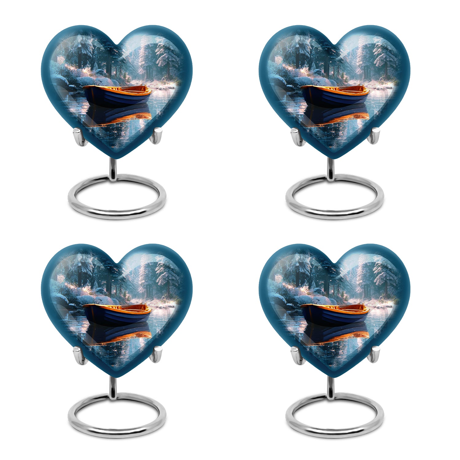 Jewel Teal Boat Cremation Urn angled view of lid and engraved motif - heart-shaped boat design symbolizing eternal love - 10 inch aluminum urn for cremated remains