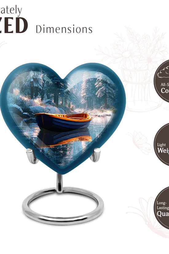 Soft Teal Boat Cremation Urn front view showing detailed design - heart-shaped boat design symbolizing eternal love - mini keepsake memorial for portion of cremation ashes