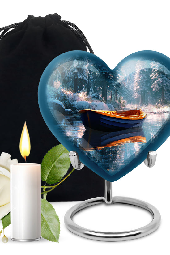 Vivid Teal Boat Cremation Urn detail view - compassionate heart-boat combination with gentle curves - full-size 10 inch 200 cubic inch adult cremation urn