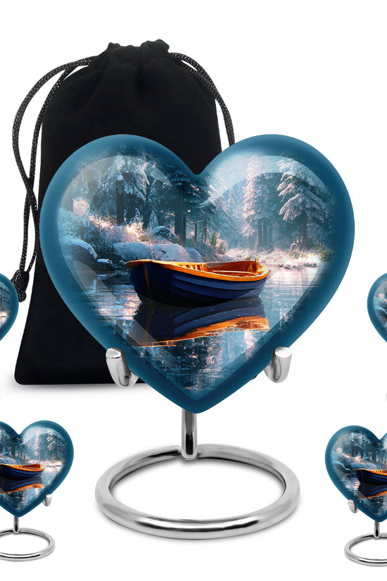 Soft Teal Boat Cremation Urn close-up of engraving and surface detail - loving heart memorial featuring boat pattern - memorial set with one large and four small urns
