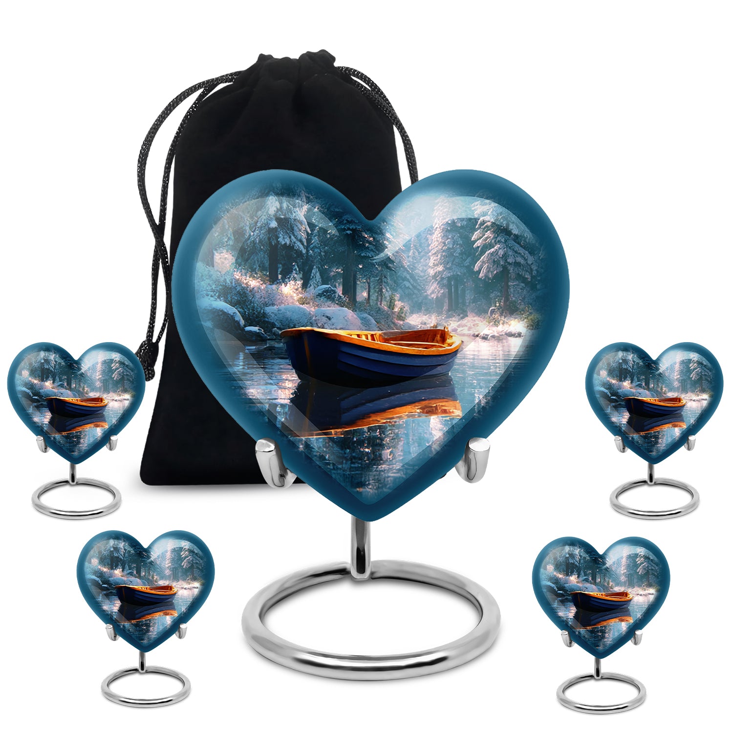 Soft Teal Boat Cremation Urn close-up of engraving and surface detail - loving heart memorial featuring boat pattern - memorial set with one large and four small urns