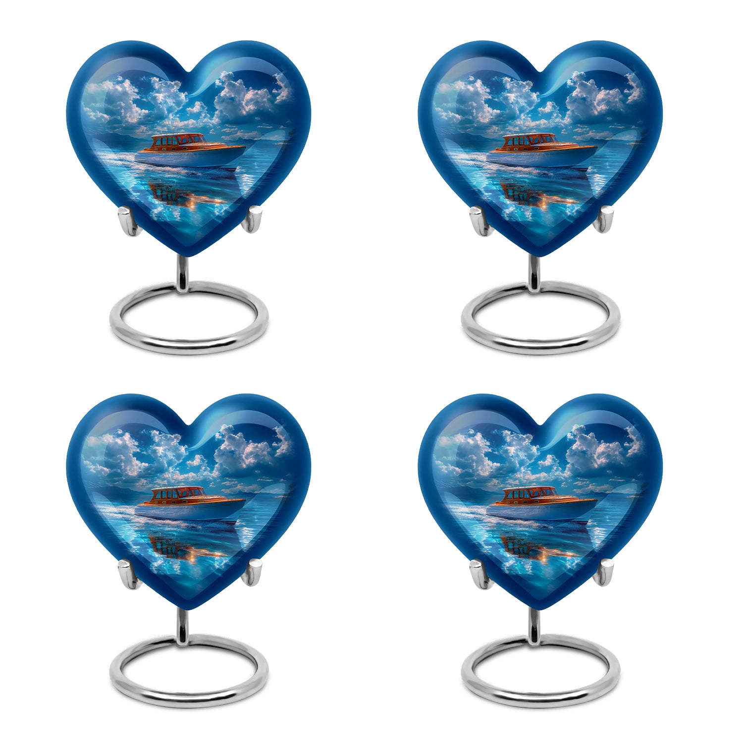 Soft Blue Boat Cremation Urn angled view of lid and engraved motif - romantic heart urn with boat motif on aluminum - 10 inch aluminum urn for cremated remains