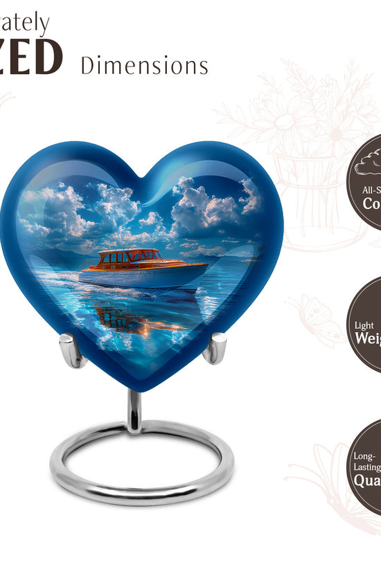 Cornflower Blue Boat Cremation Urn front view showing detailed design - romantic heart urn with boat motif on aluminum - mini keepsake memorial for portion of cremation ashes