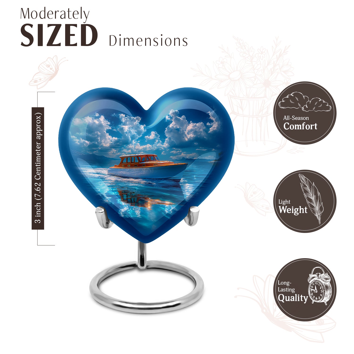 Cornflower Blue Boat Cremation Urn front view showing detailed design - romantic heart urn with boat motif on aluminum - mini keepsake memorial for portion of cremation ashes