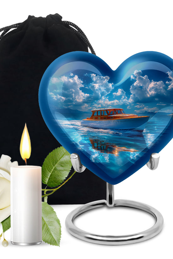 Calming Blue Boat Cremation Urn detail view - romantic heart urn with boat motif on aluminum - full-size 10 inch 200 cubic inch adult cremation urn