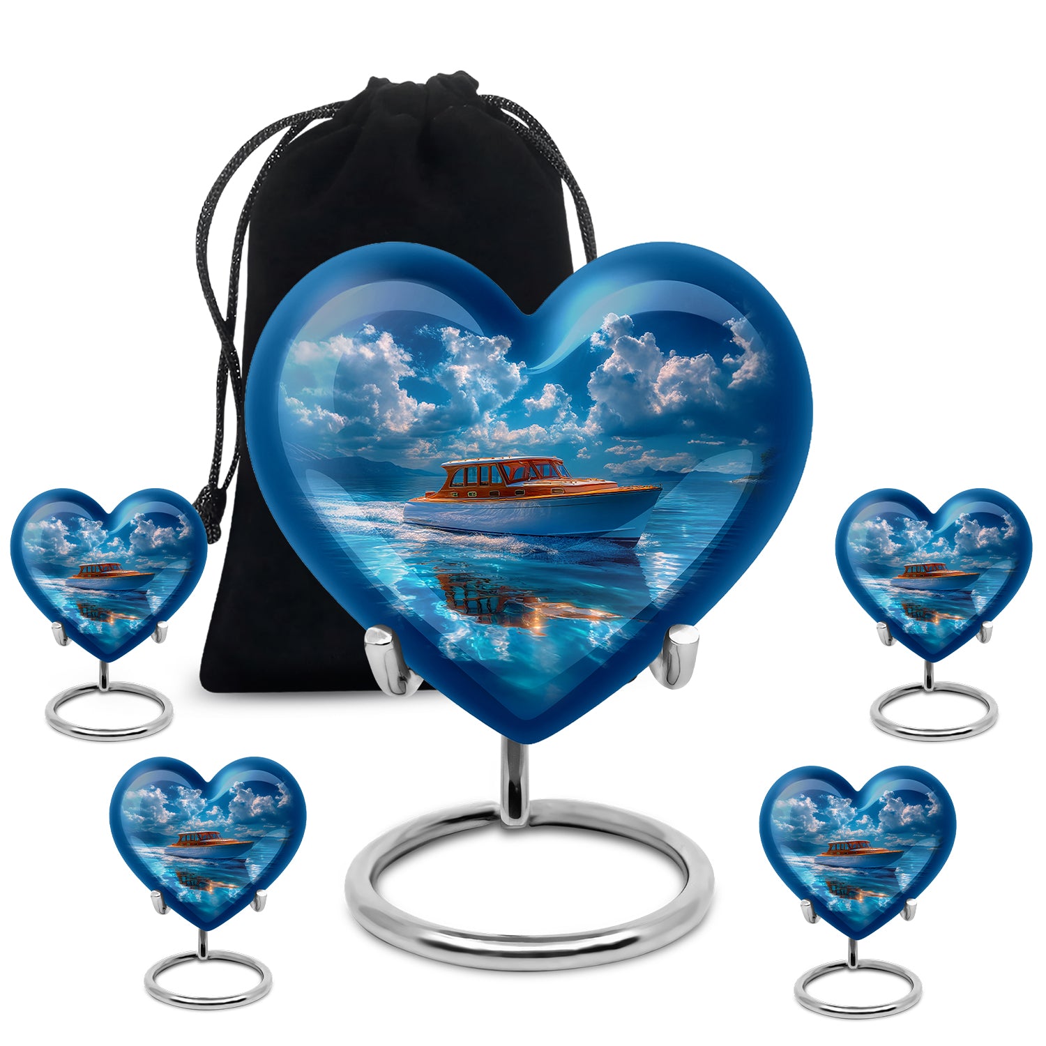 Celestial Blue Boat Cremation Urn close-up of engraving and surface detail - heart-shaped boat design symbolizing eternal love - memorial set with one large and four small urns