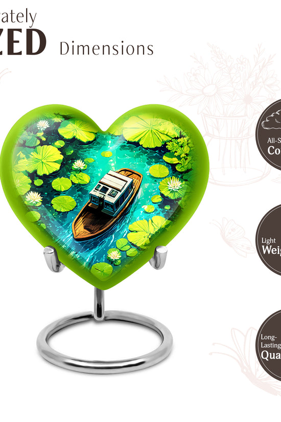 Celestial Blue Boat Cremation Urn front view showing detailed design - loving heart memorial featuring boat pattern - mini keepsake memorial for portion of cremation ashes