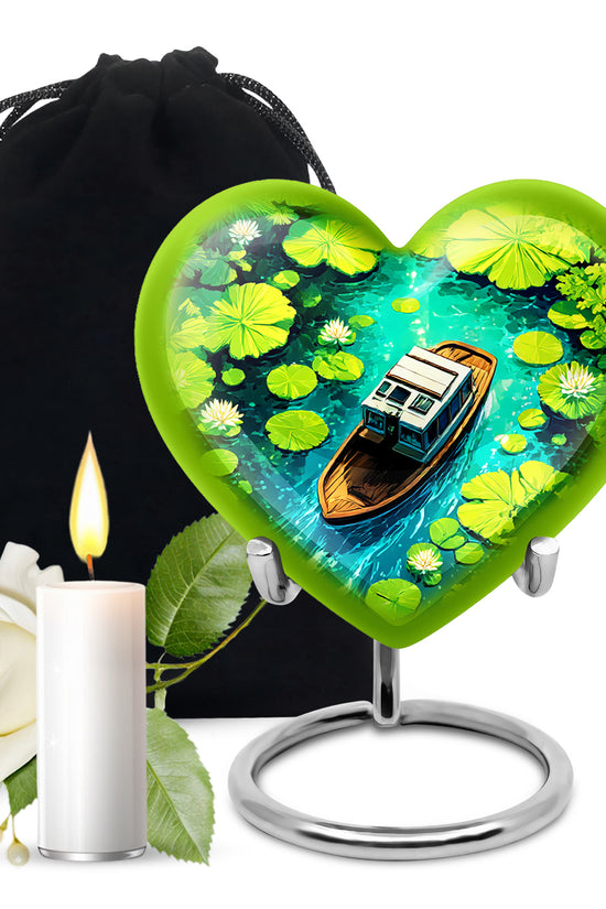 Cobalt Blue Boat Cremation Urn detail view - romantic heart urn with boat motif on aluminum - full-size 10 inch 200 cubic inch adult cremation urn