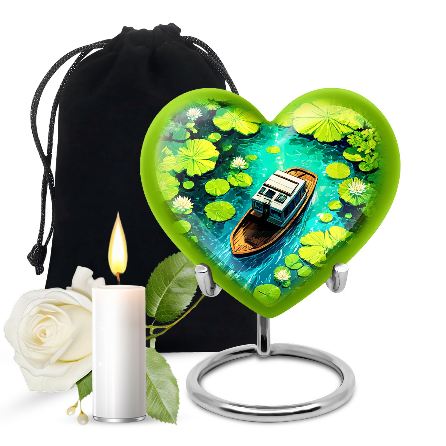 Cobalt Blue Boat Cremation Urn detail view - romantic heart urn with boat motif on aluminum - full-size 10 inch 200 cubic inch adult cremation urn