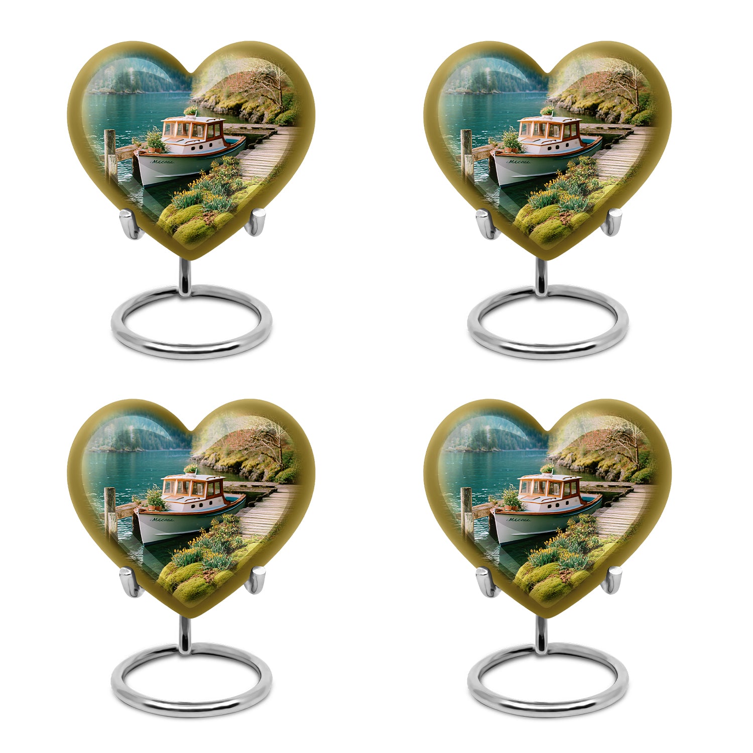 Soft Teal Boat Cremation Urn angled view of lid and engraved motif - heart-shaped boat design symbolizing eternal love - 10 inch aluminum urn for cremated remains