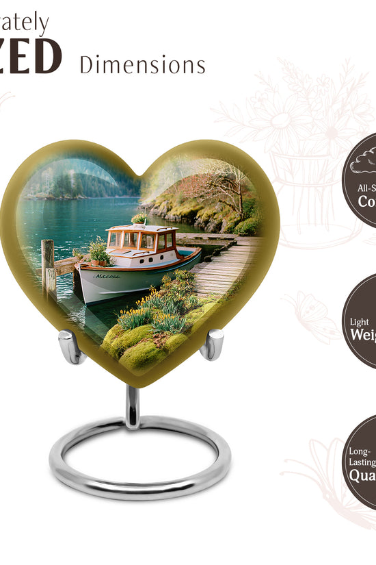 Ocean Teal Boat Cremation Urn front view showing detailed design - loving heart memorial featuring boat pattern - mini keepsake memorial for portion of cremation ashes