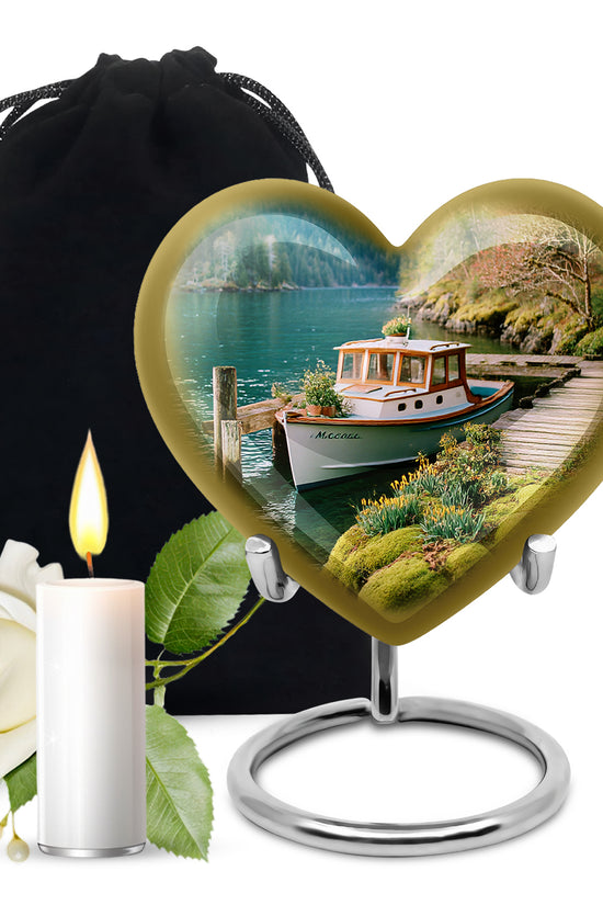 Mystic Teal Boat Cremation Urn detail view - romantic heart urn with boat motif on aluminum - full-size 10 inch 200 cubic inch adult cremation urn