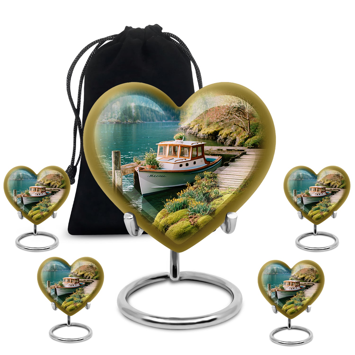 Cool Teal Boat Cremation Urn close-up of engraving and surface detail - heart-shaped boat design symbolizing eternal love - memorial set with one large and four small urns