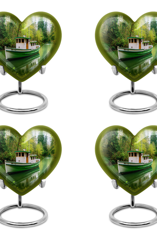 Forest Green Boat Cremation Urn angled view of lid and engraved motif - compassionate heart-boat combination with gentle curves - 10 inch aluminum urn for cremated remains