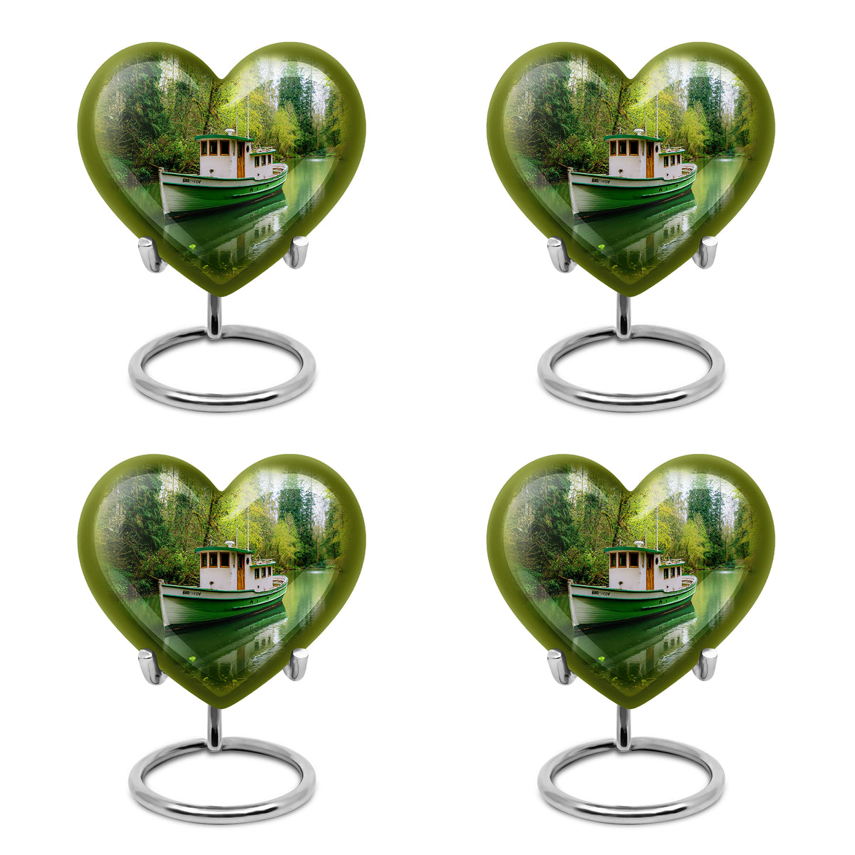 Forest Green Boat Cremation Urn angled view of lid and engraved motif - compassionate heart-boat combination with gentle curves - 10 inch aluminum urn for cremated remains