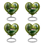 Forest Green Boat Cremation Urn angled view of lid and engraved motif - compassionate heart-boat combination with gentle curves - 10 inch aluminum urn for cremated remains