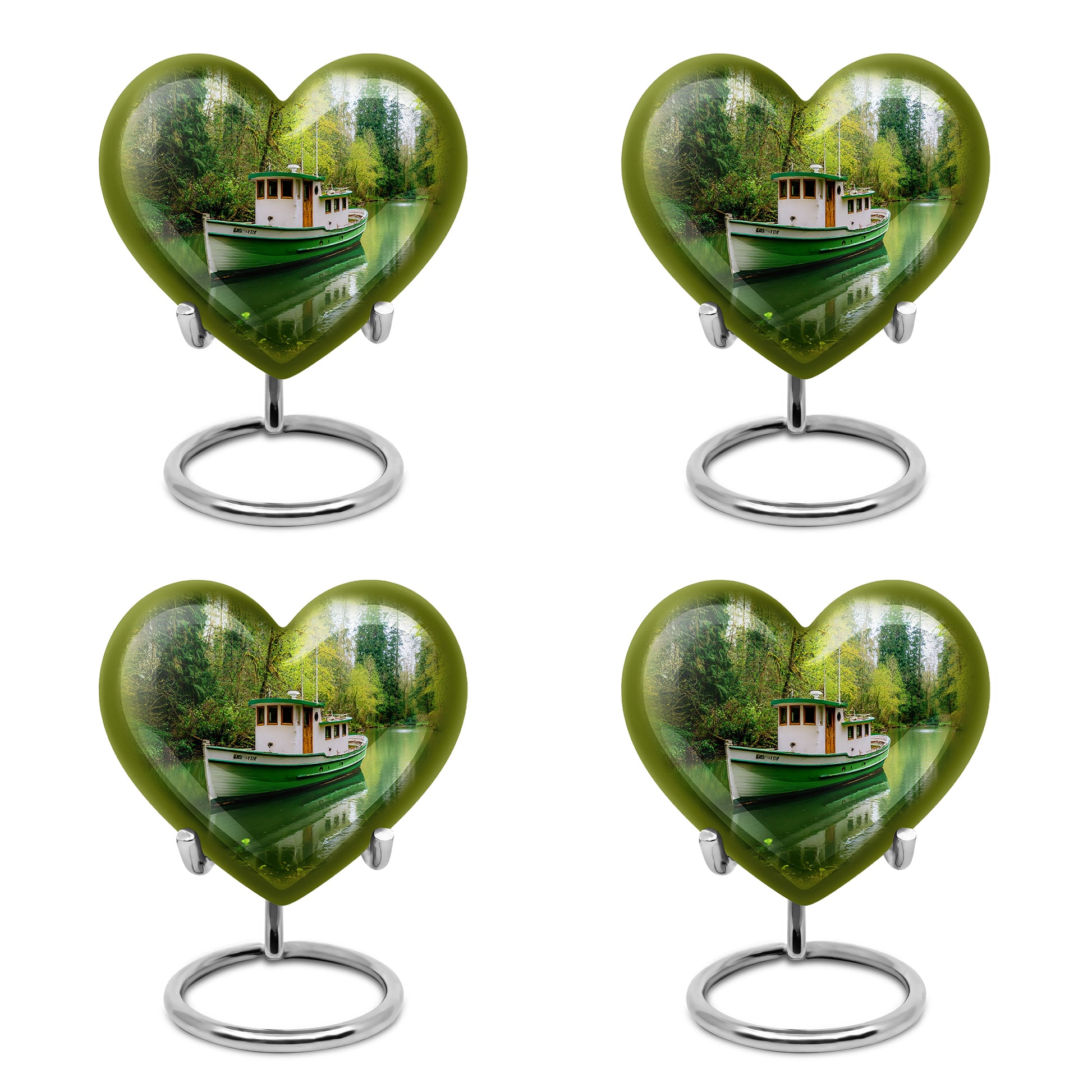 Forest Green Boat Cremation Urn angled view of lid and engraved motif - compassionate heart-boat combination with gentle curves - 10 inch aluminum urn for cremated remains