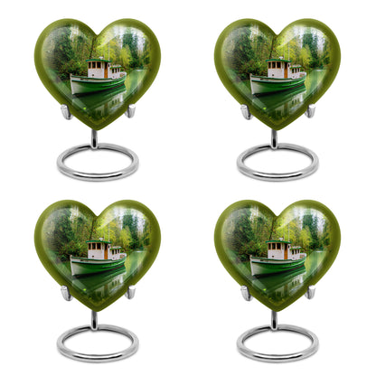 Forest Green Boat Cremation Urn angled view of lid and engraved motif - compassionate heart-boat combination with gentle curves - 10 inch aluminum urn for cremated remains