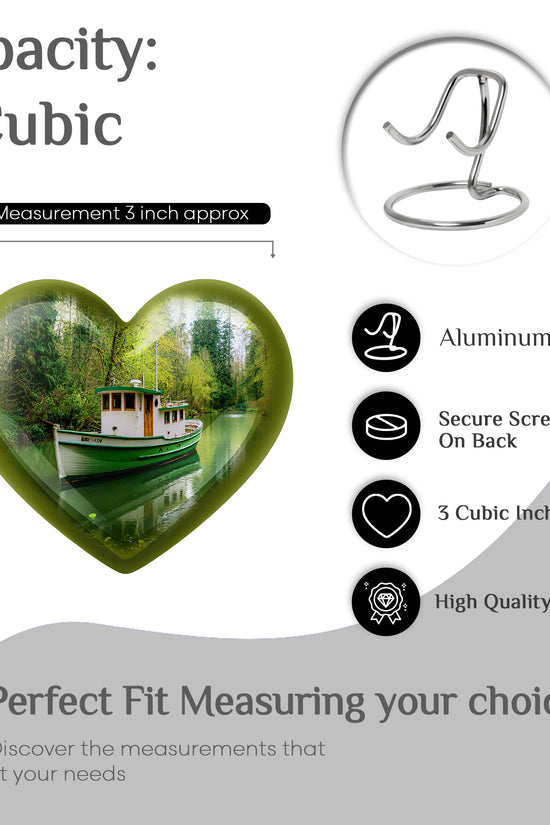 Olive Green Boat Cremation Urn front view showing detailed design - romantic heart urn with boat motif on aluminum - mini keepsake memorial for portion of cremation ashes