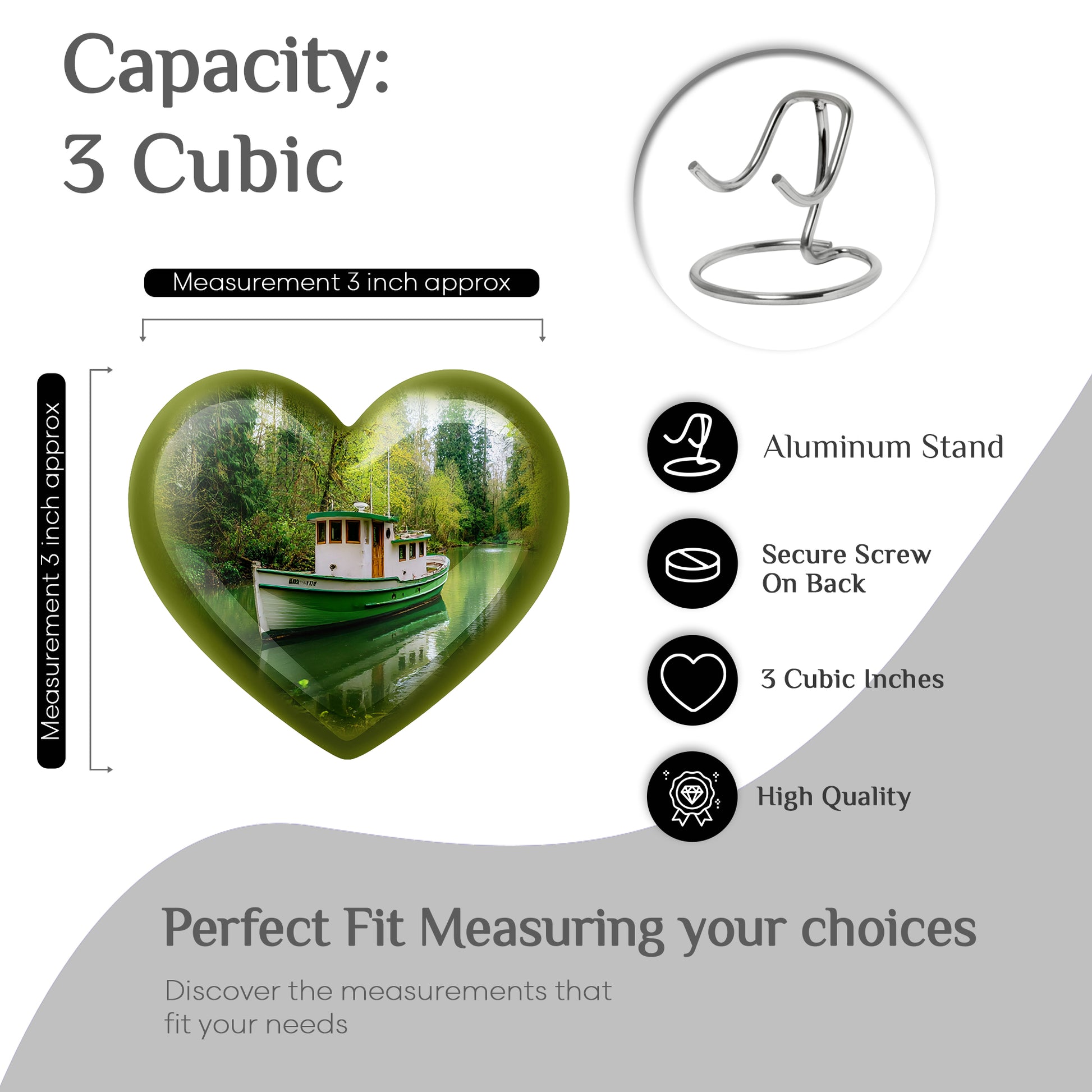 Olive Green Boat Cremation Urn front view showing detailed design - romantic heart urn with boat motif on aluminum - mini keepsake memorial for portion of cremation ashes