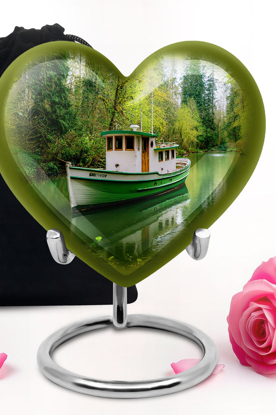 Hunter Green Boat Cremation Urn detail view - compassionate heart-boat combination with gentle curves - full-size 10 inch 200 cubic inch adult cremation urn
