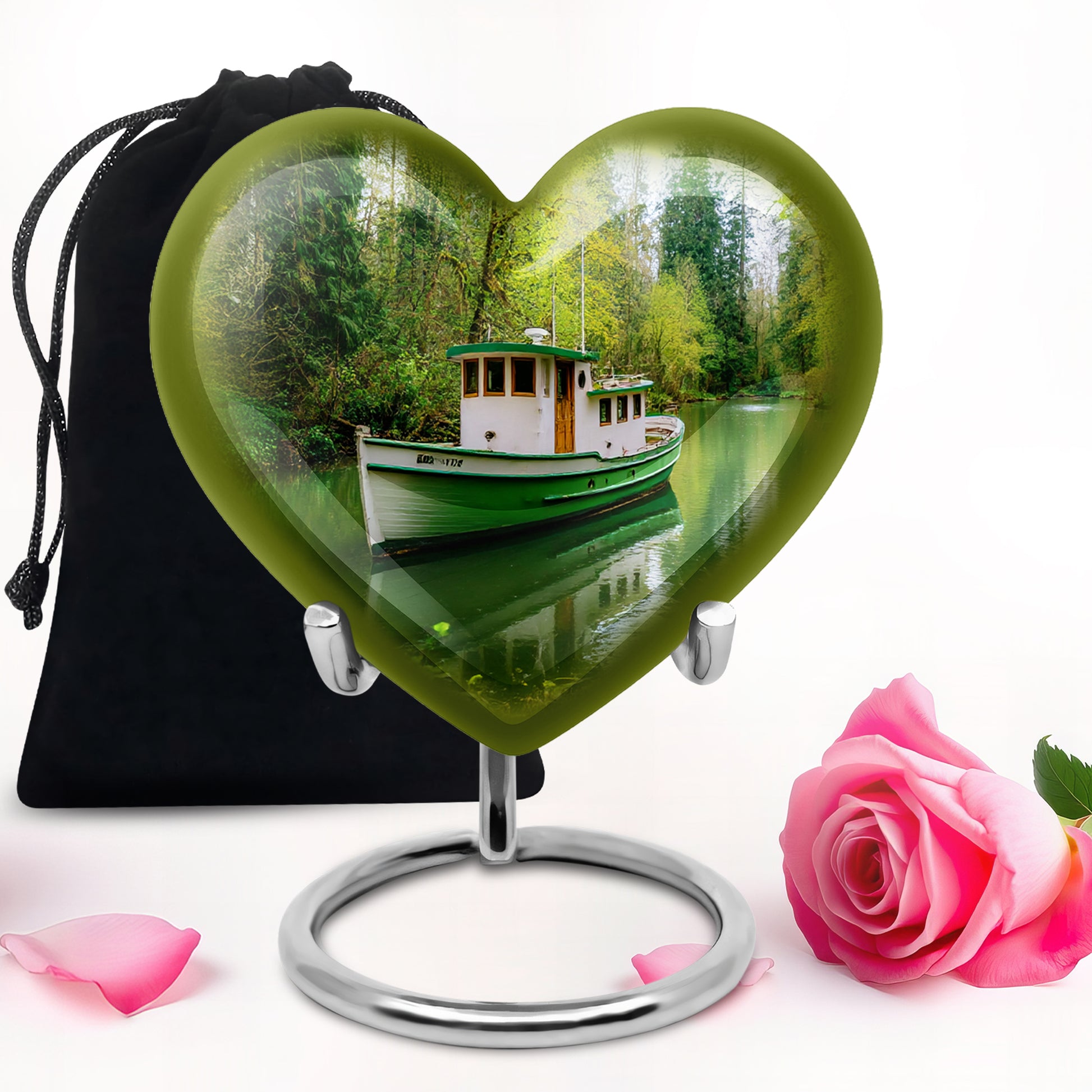Hunter Green Boat Cremation Urn detail view - compassionate heart-boat combination with gentle curves - full-size 10 inch 200 cubic inch adult cremation urn