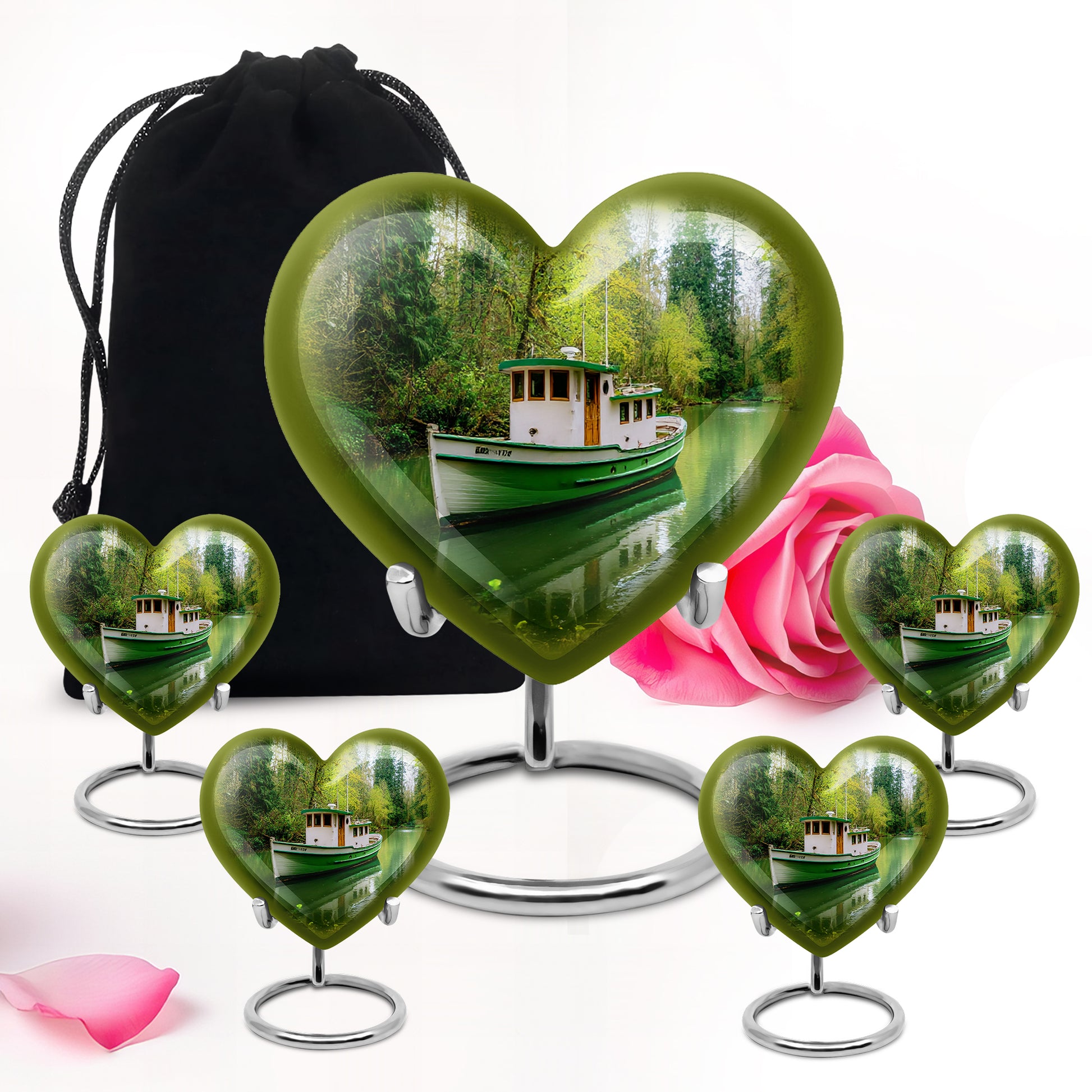 Pine Green Boat Cremation Urn close-up of engraving and surface detail - romantic heart urn with boat motif on aluminum - memorial set with one large and four small urns