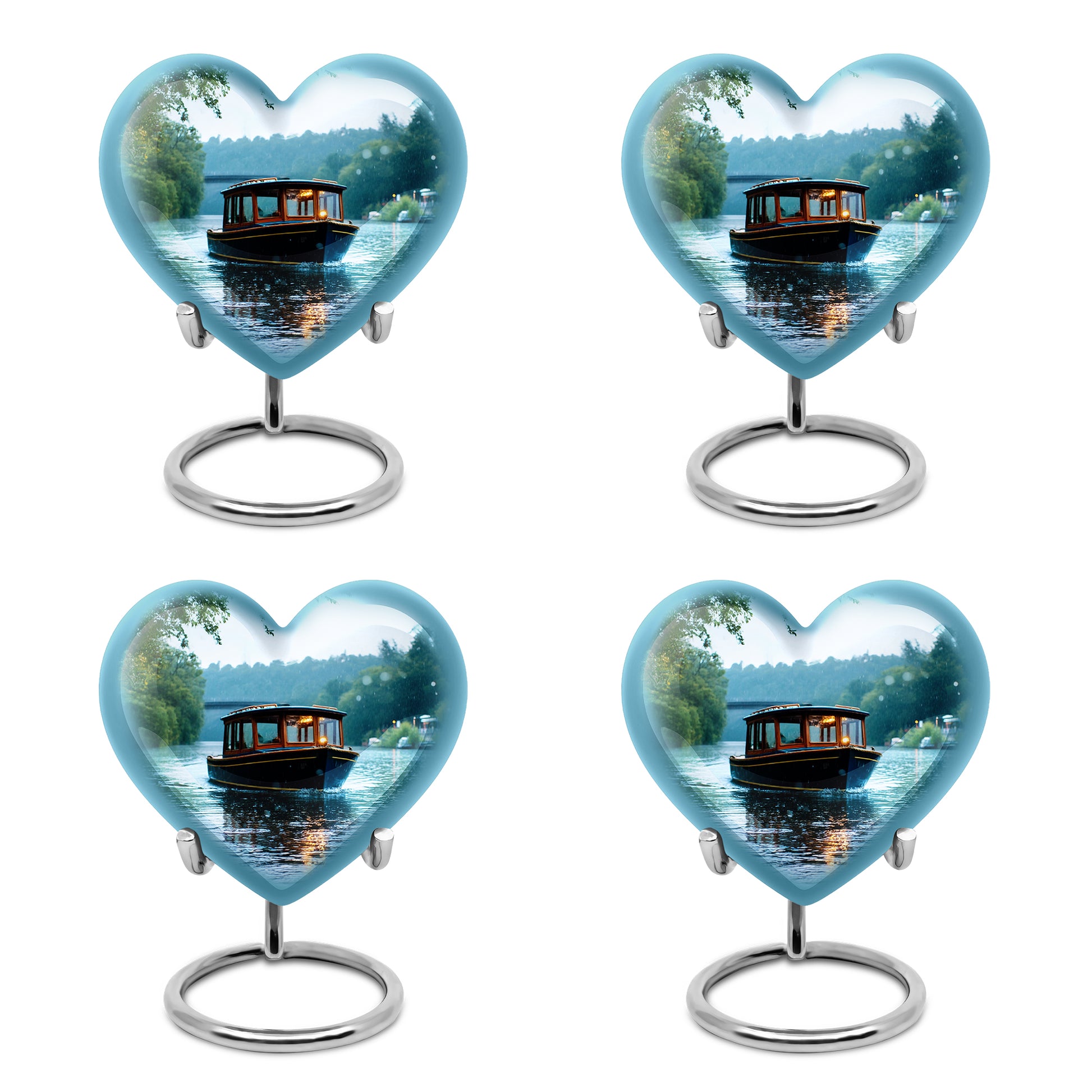 Cloud White Boat Cremation Urn angled view of lid and engraved motif - compassionate heart-boat combination with gentle curves - 10 inch aluminum urn for cremated remains