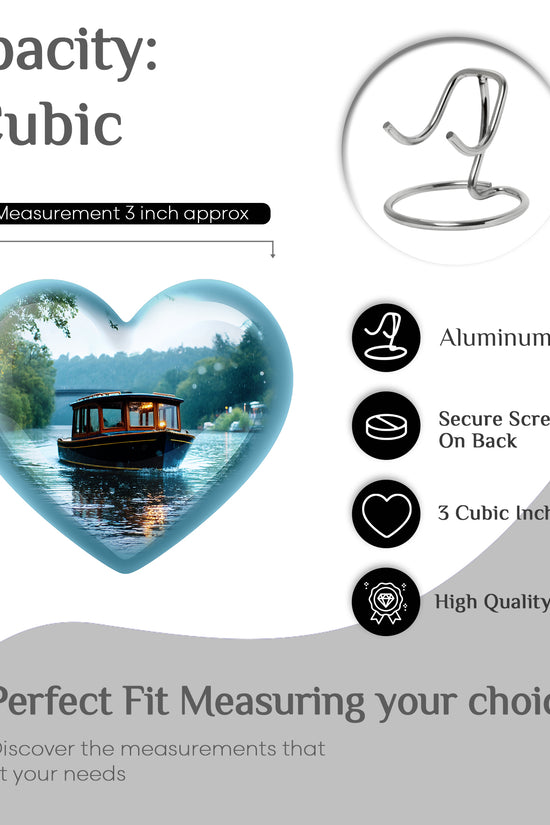 Porcelain White Boat Cremation Urn front view showing detailed design - romantic heart urn with boat motif on aluminum - mini keepsake memorial for portion of cremation ashes