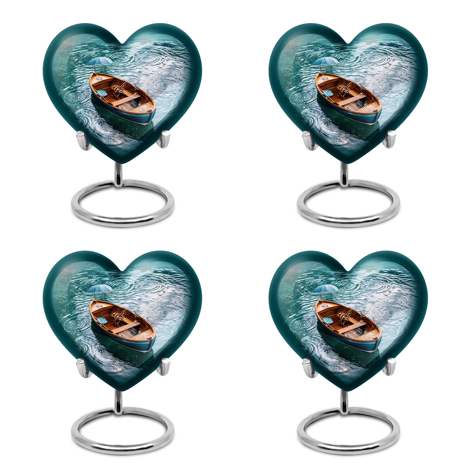Ocean Teal Boat Cremation Urn angled view of lid and engraved motif - heart-shaped boat design symbolizing eternal love - 10 inch aluminum urn for cremated remains