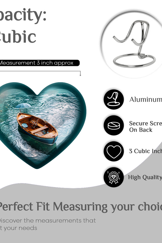 Mystic Teal Boat Cremation Urn front view showing detailed design - compassionate heart-boat combination with gentle curves - mini keepsake memorial for portion of cremation ashes