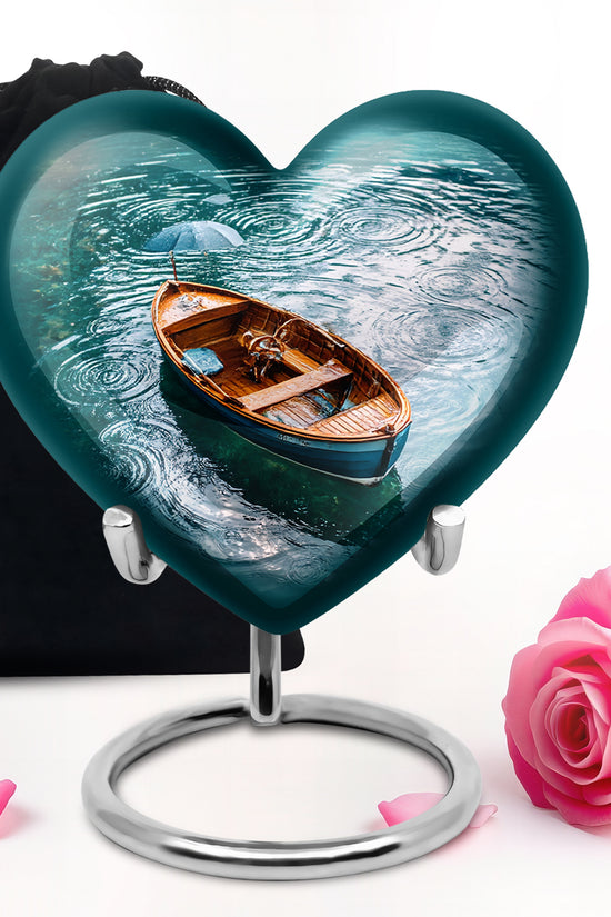 Vivid Teal Boat Cremation Urn detail view - romantic heart urn with boat motif on aluminum - full-size 10 inch 200 cubic inch adult cremation urn