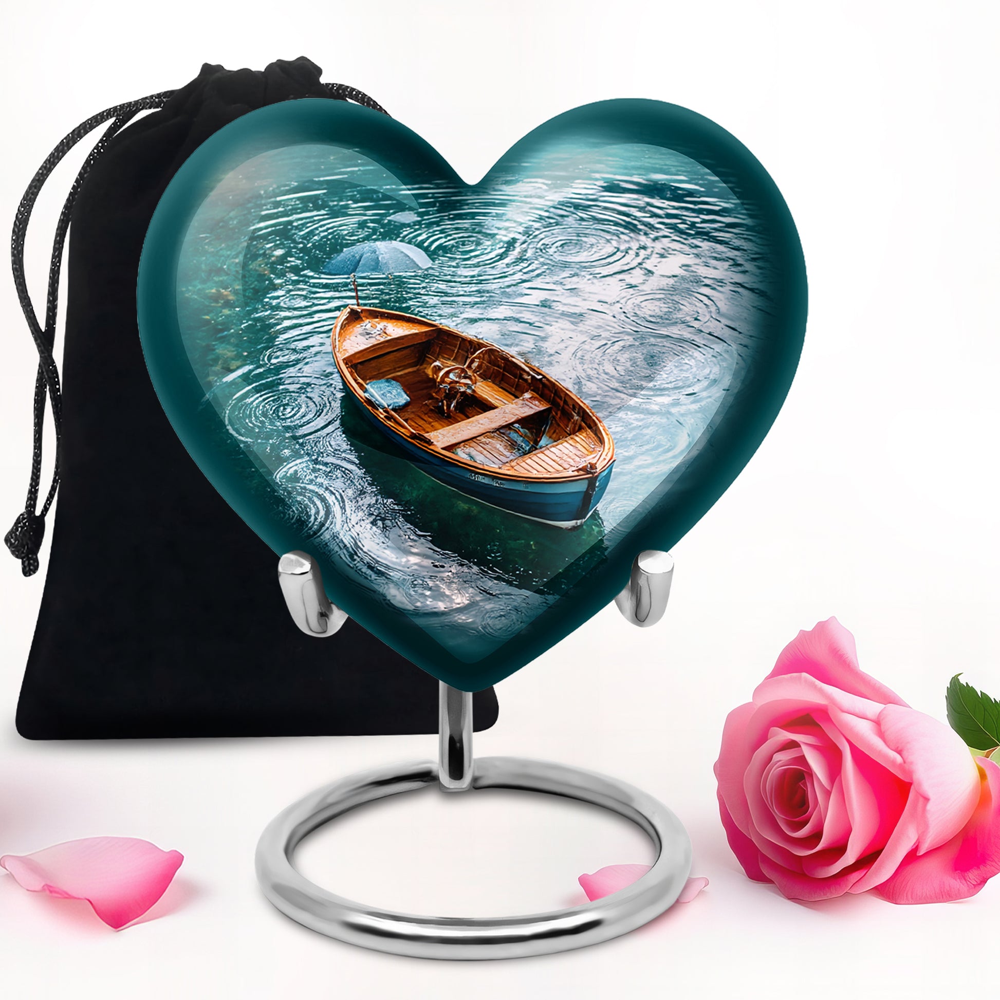 Vivid Teal Boat Cremation Urn detail view - romantic heart urn with boat motif on aluminum - full-size 10 inch 200 cubic inch adult cremation urn