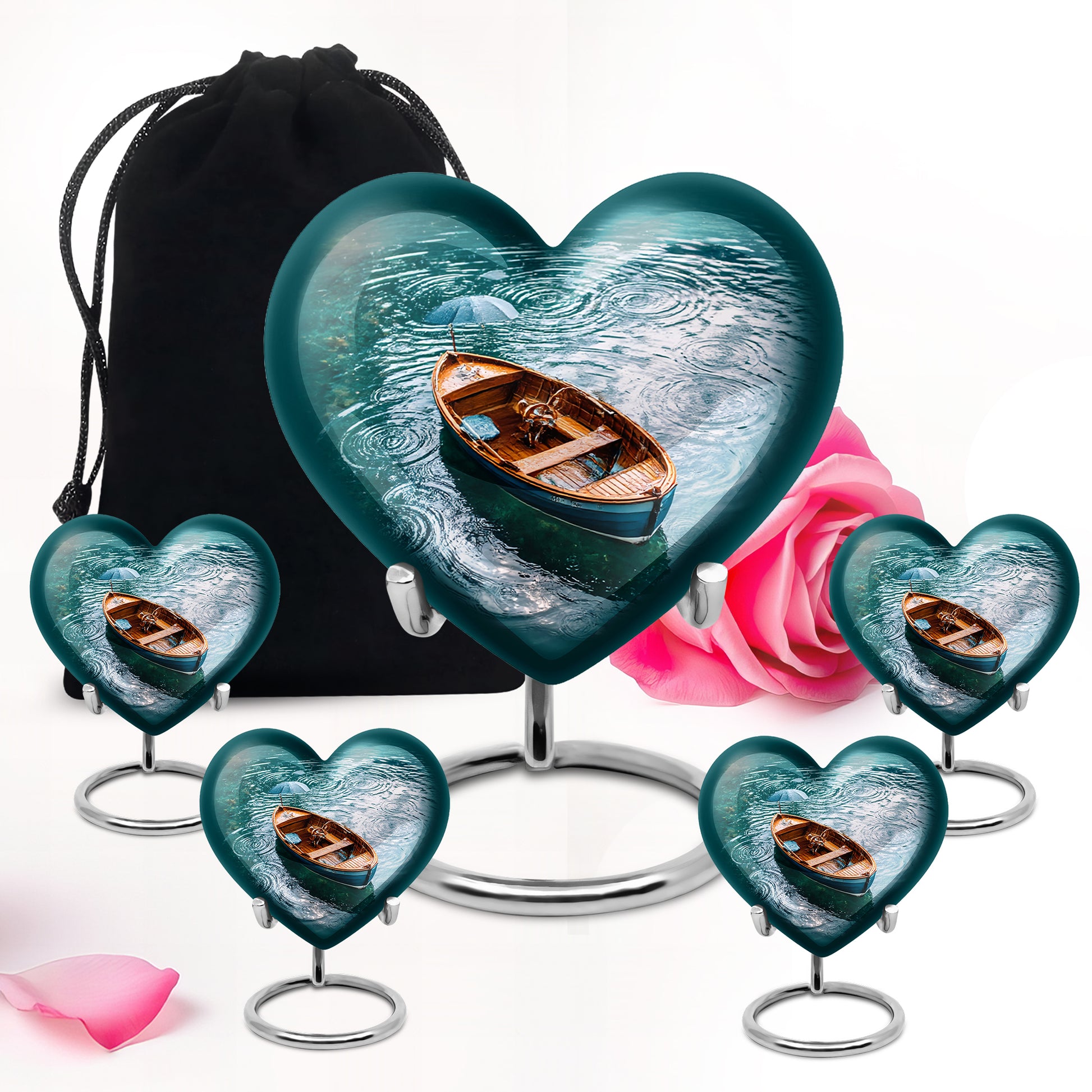 Cool Teal Boat Cremation Urn close-up of engraving and surface detail - heart-shaped boat design symbolizing eternal love - memorial set with one large and four small urns