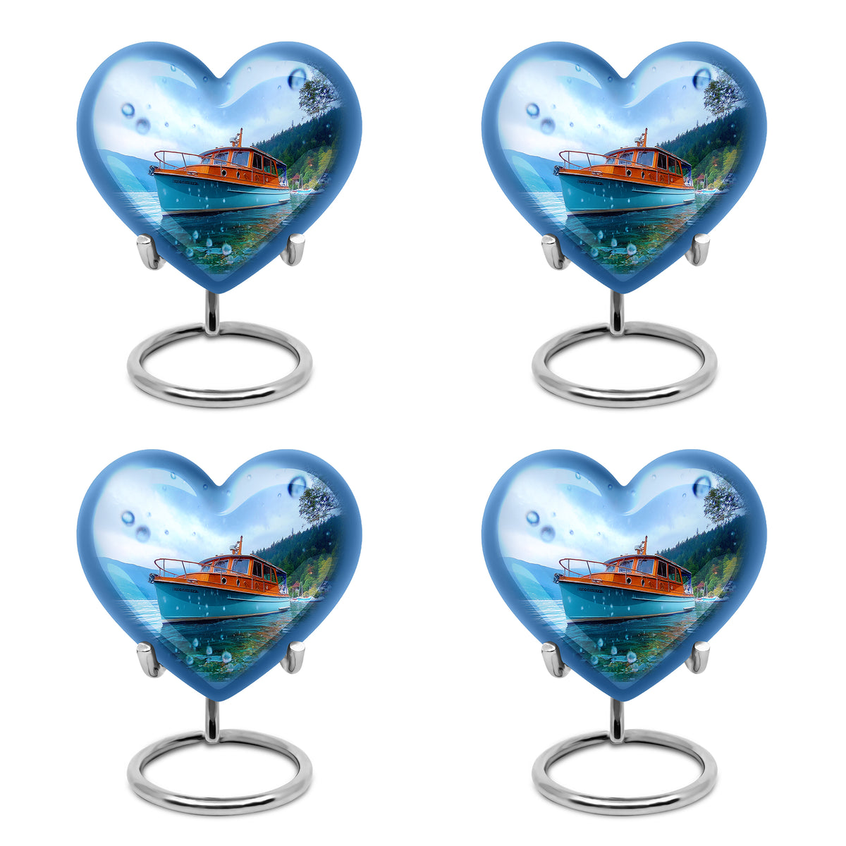 Icy Blue Boat Cremation Urn angled view of lid and engraved motif - heart-shaped boat design symbolizing eternal love - 10 inch aluminum urn for cremated remains