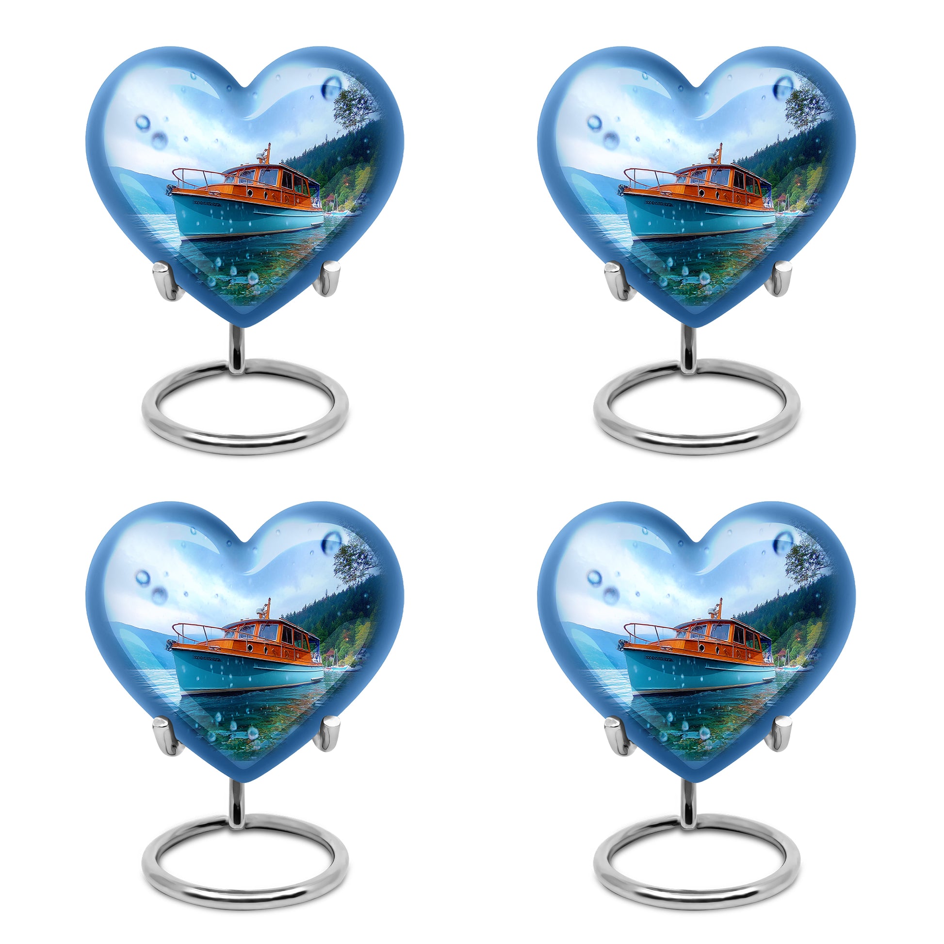 Icy Blue Boat Cremation Urn angled view of lid and engraved motif - heart-shaped boat design symbolizing eternal love - 10 inch aluminum urn for cremated remains