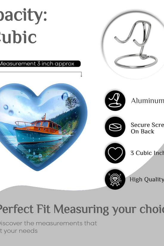 Powder Blue Boat Cremation Urn front view showing detailed design - heart-shaped boat design symbolizing eternal love - mini keepsake memorial for portion of cremation ashes
