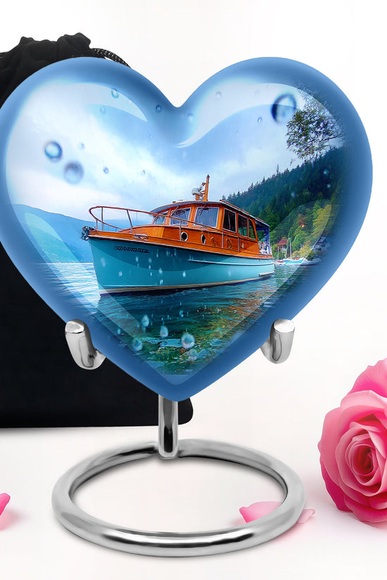 Powder Blue Boat Cremation Urn detail view - heart-shaped boat design symbolizing eternal love - full-size 10 inch 200 cubic inch adult cremation urn