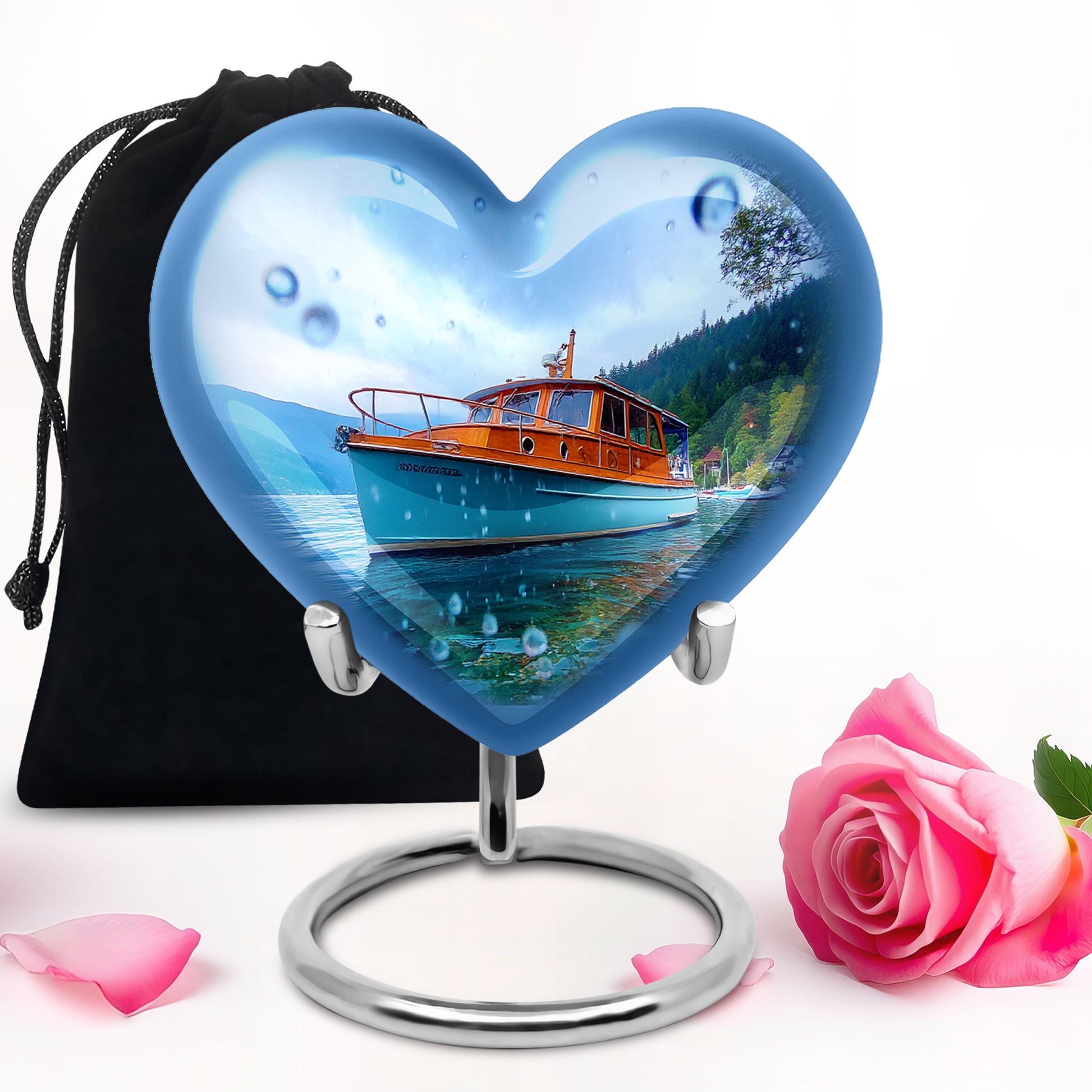 Powder Blue Boat Cremation Urn detail view - heart-shaped boat design symbolizing eternal love - full-size 10 inch 200 cubic inch adult cremation urn