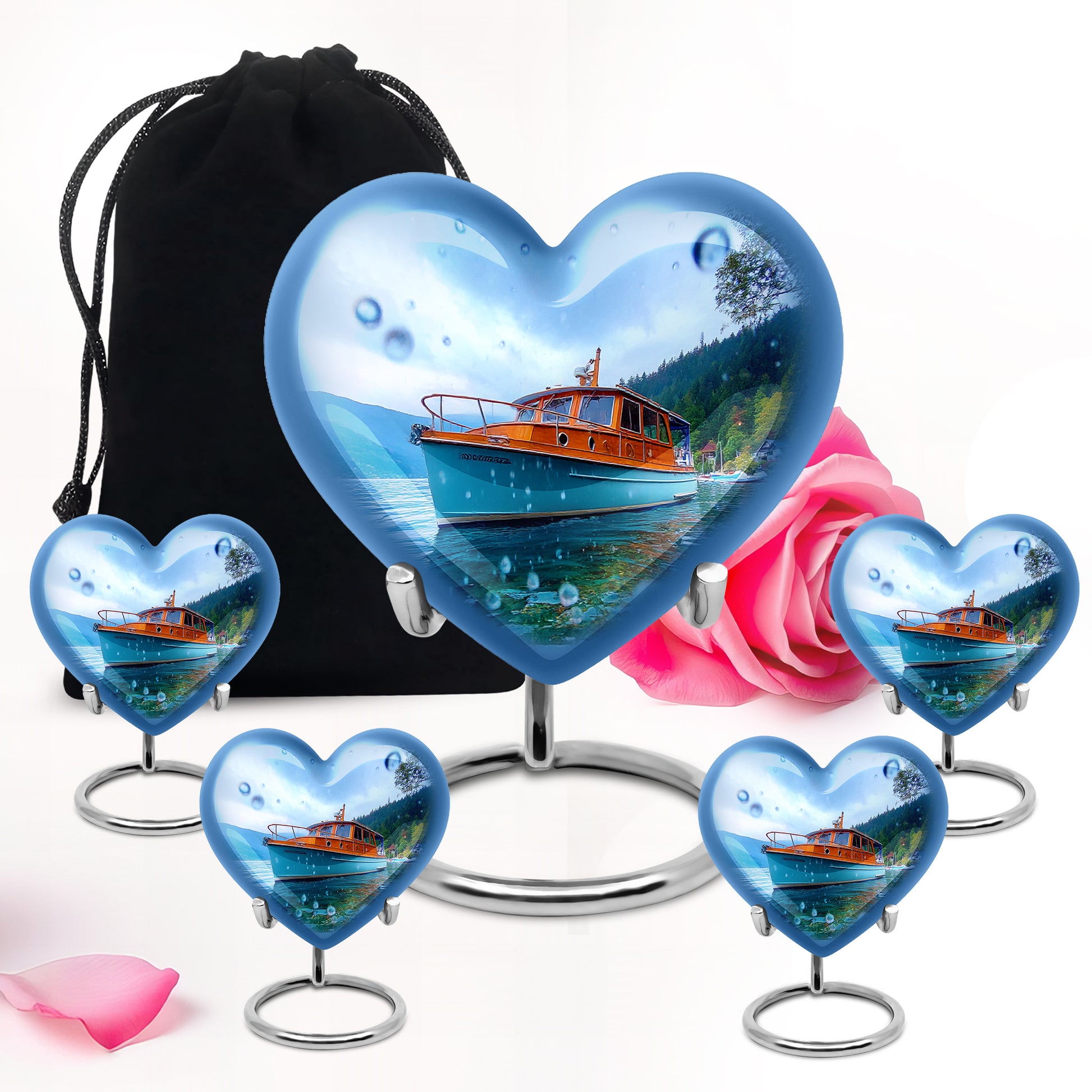 Dusty Blue Boat Cremation Urn close-up of engraving and surface detail - loving heart memorial featuring boat pattern - memorial set with one large and four small urns