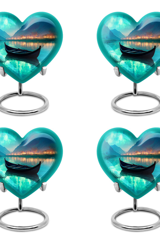 Ocean Teal Boat Cremation Urn angled view of lid and engraved motif - loving heart memorial featuring boat pattern - 10 inch aluminum urn for cremated remains