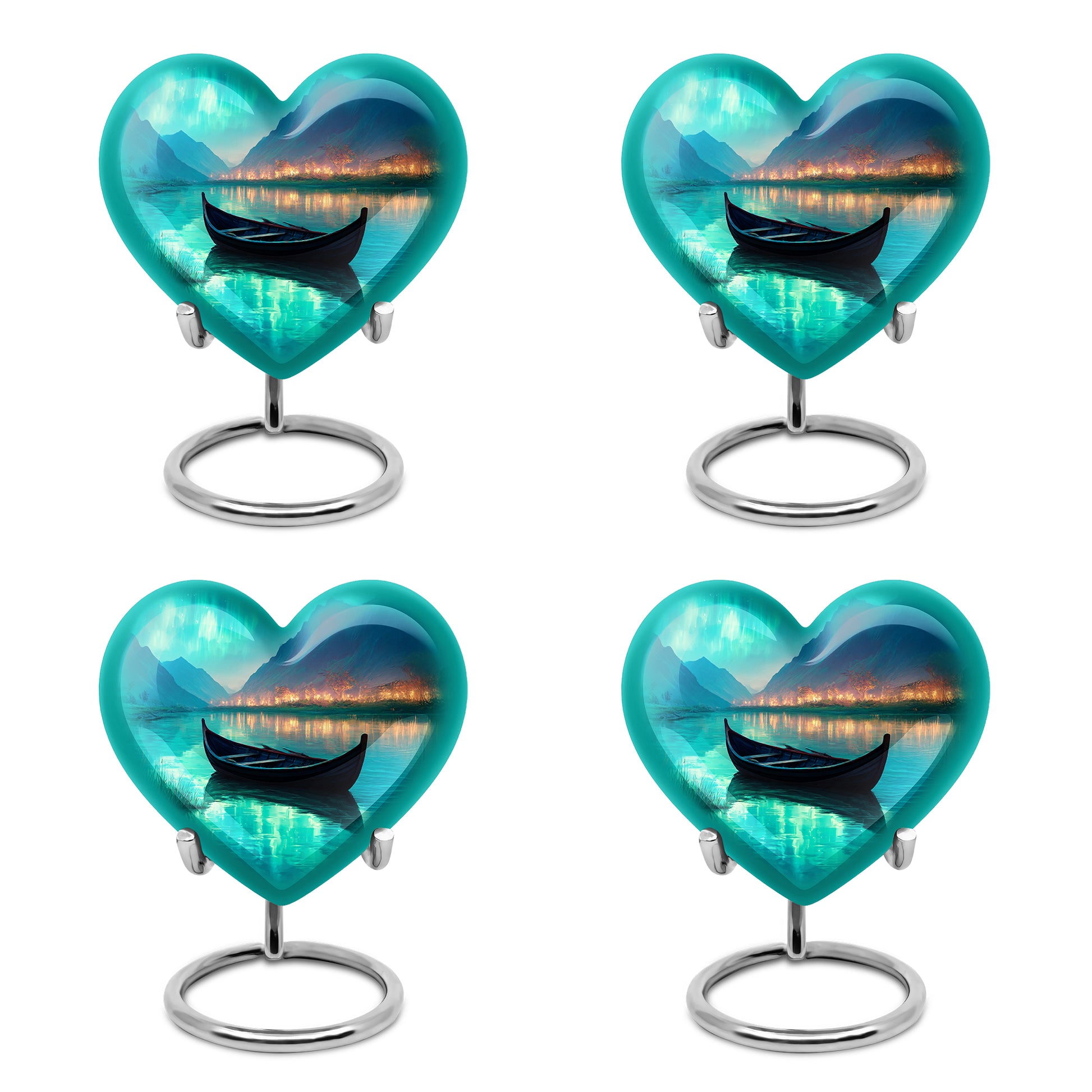Ocean Teal Boat Cremation Urn angled view of lid and engraved motif - loving heart memorial featuring boat pattern - 10 inch aluminum urn for cremated remains