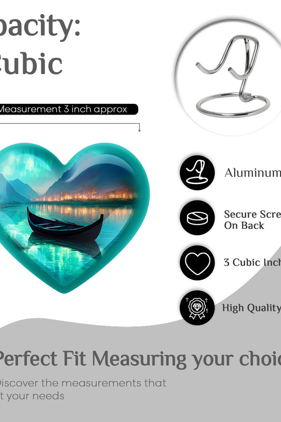 Ocean Teal Boat Cremation Urn front view showing detailed design - heart-shaped boat design symbolizing eternal love - mini keepsake memorial for portion of cremation ashes