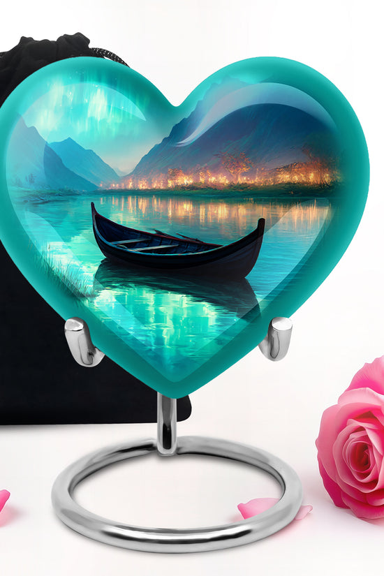 Cool Teal Boat Cremation Urn detail view - heart-shaped boat design symbolizing eternal love - full-size 10 inch 200 cubic inch adult cremation urn