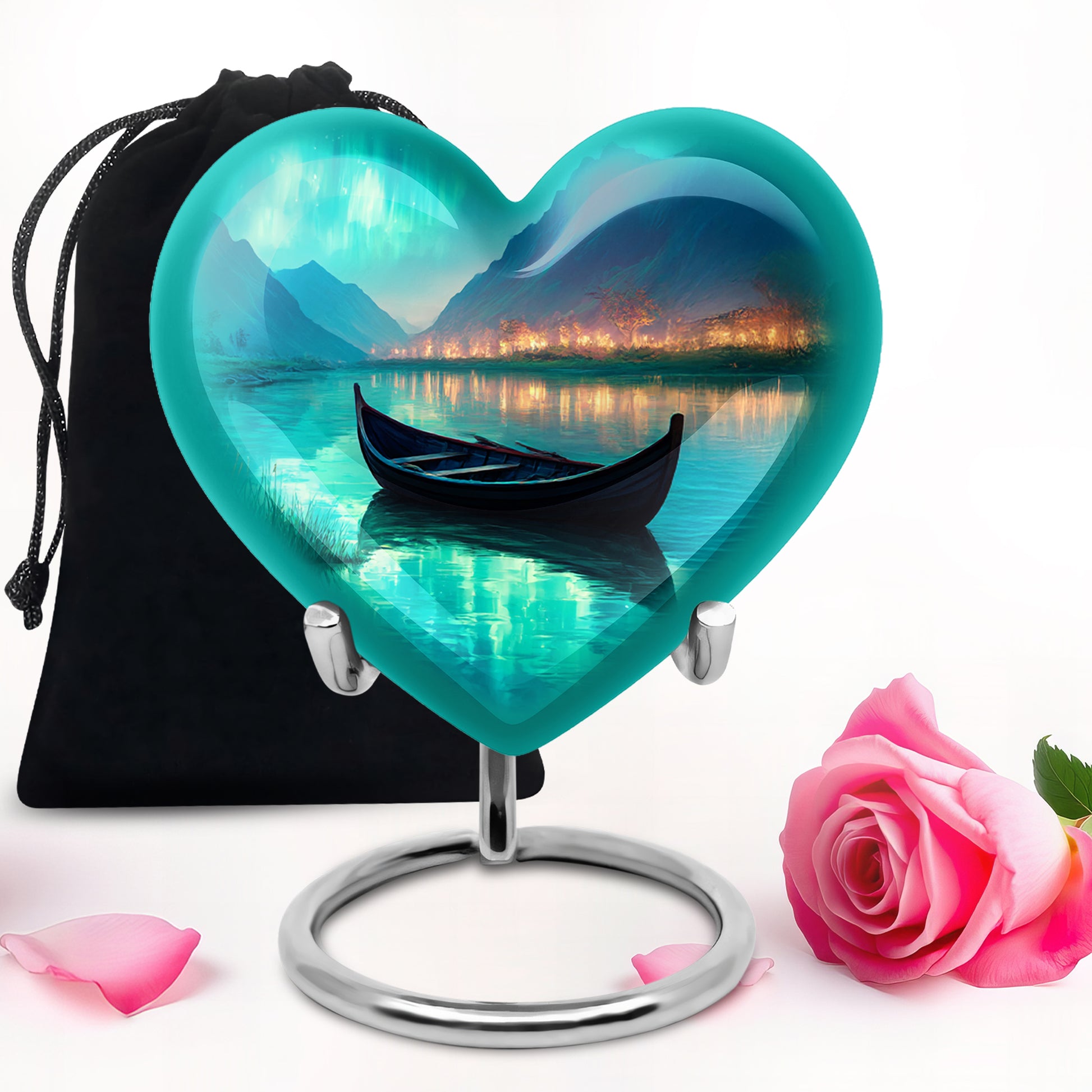Cool Teal Boat Cremation Urn detail view - heart-shaped boat design symbolizing eternal love - full-size 10 inch 200 cubic inch adult cremation urn
