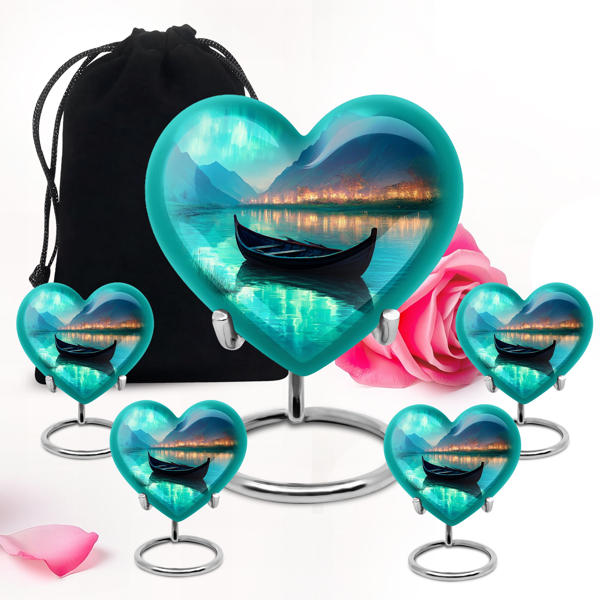 Vivid Teal Boat Cremation Urn close-up of engraving and surface detail - compassionate heart-boat combination with gentle curves - memorial set with one large and four small urns